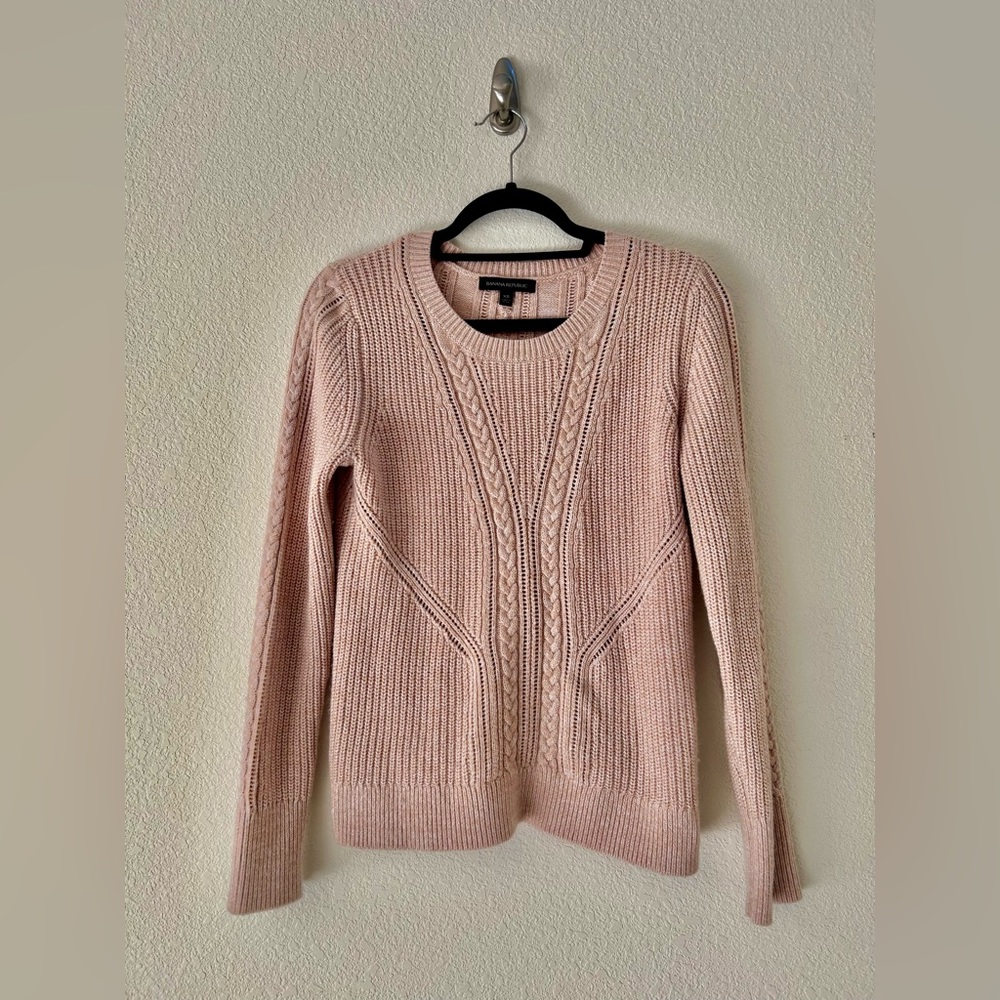 Banana Republic Pink and White Speckled Crewneck Cable Knit Sweater Size XS